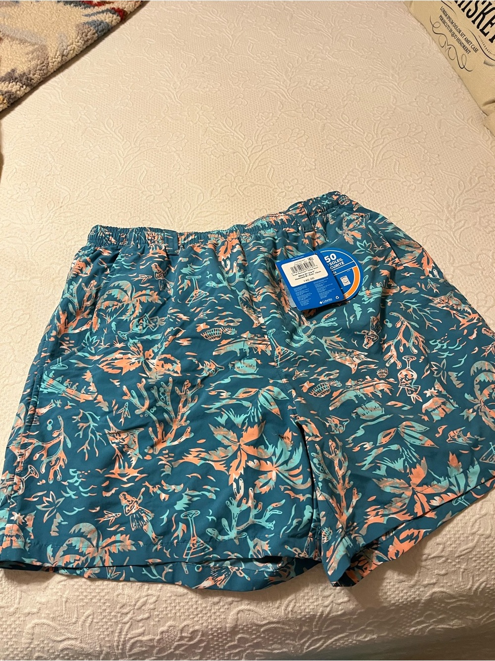 Columbia Teal Swim Shorts with Coral Leaf Print